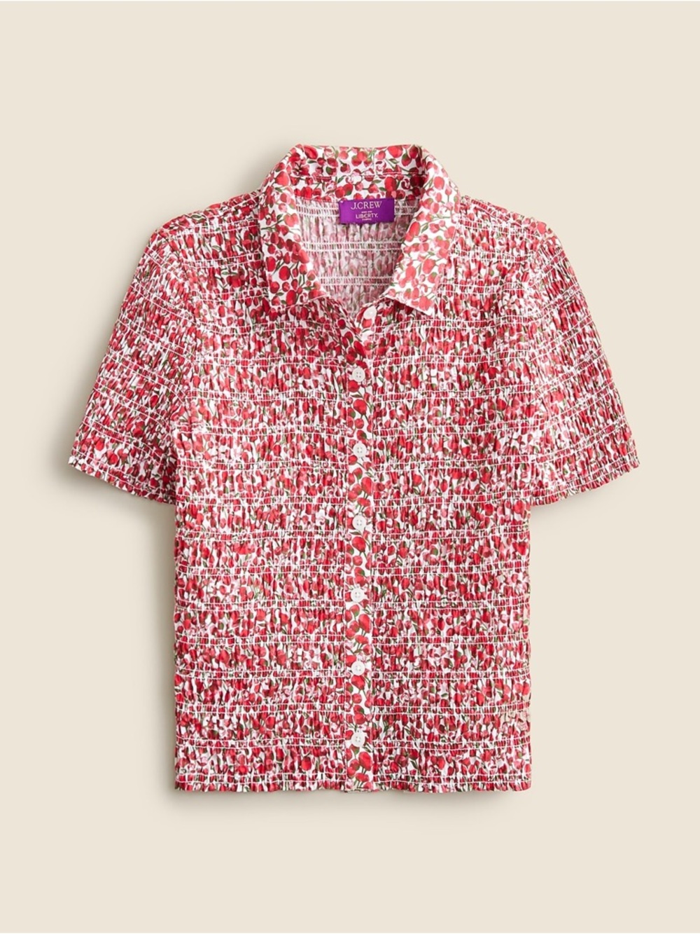 J. Crew Red and White Smocked Short-Sleeve Button-Up Blouse